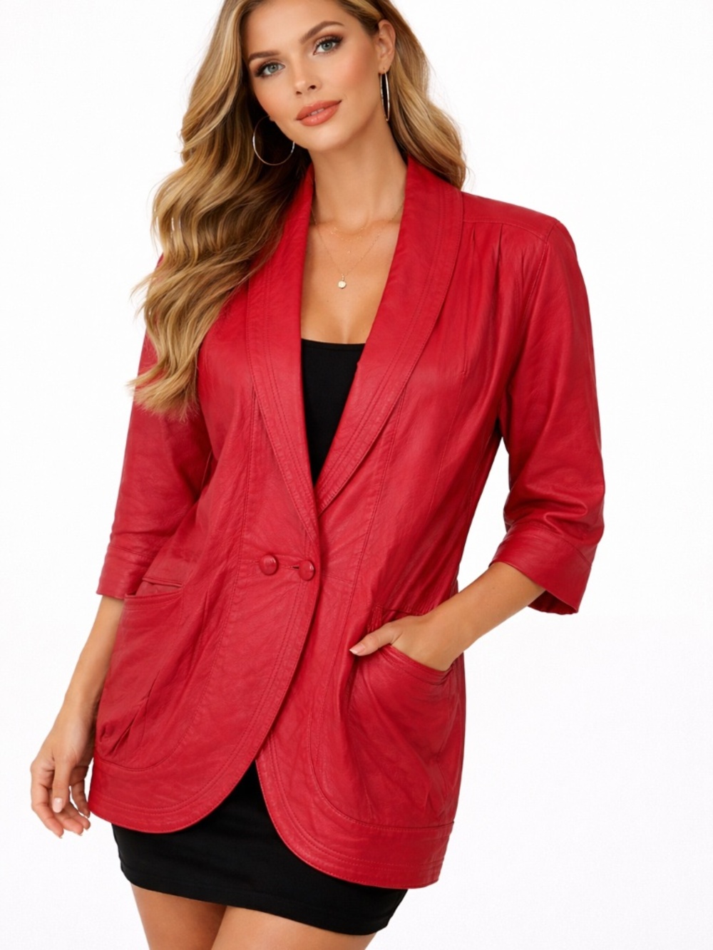 Vintage Italian Red Leather Women Jacket with Double Button Closure